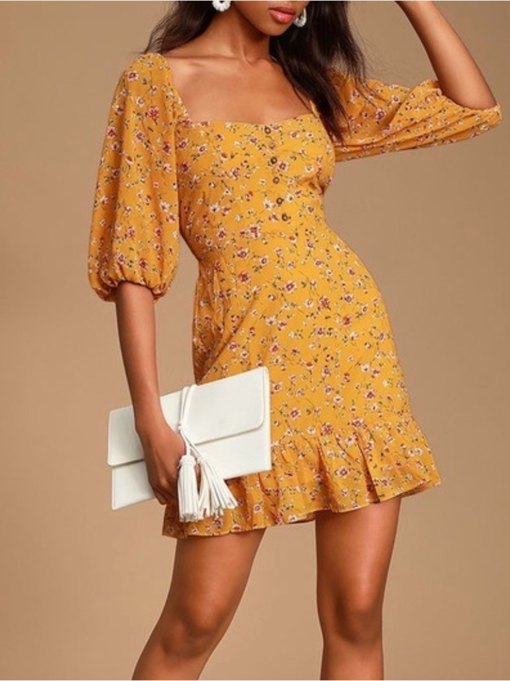 Lulus Trixiebelle Mustard Yellow Floral Print Dress Size Small